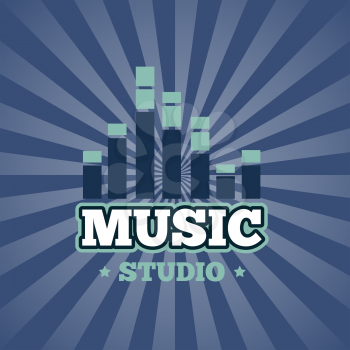 Retro sound record studio vector logo, badge, emblem with sound waves on sunburst background illustration