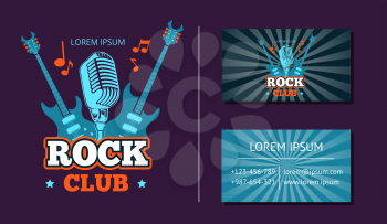 Vintage rock music club logo, emblem, badge and business card with retro music logo with sunburst background. Vector illustration