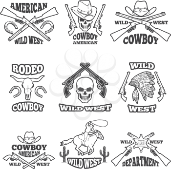 Design template of wild west badges. Western theme of labels with place for your text. Wild west emblem, western cowboy and revolver label. Vector illustration