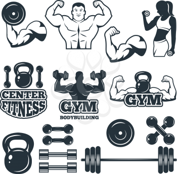 Different symbols and badges set for fitness club. Vector pictures for gym. Fitness badge and sport equipment for training illustration