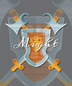 Vector fantasy cartoon style game design medieval crossed shield, axe and sword elements with lettering and shadows. Medieval shield and axe illustration