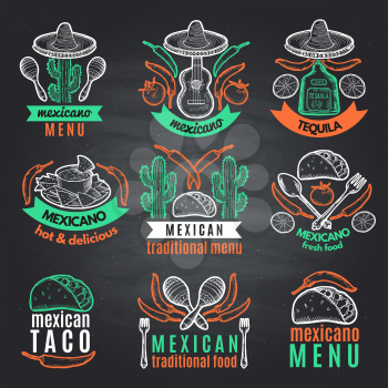 Colored labels of mexican symbols on black chalkboard. Vector emblems with place for your text. Mexican restaurant label menu, traditional emblem mexican cuisine illustration