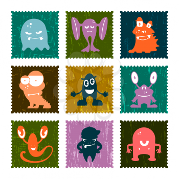 Set of retro postage stamp with funny monsters. Vector set illustration