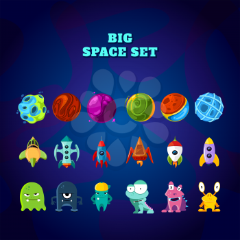 Big space set. Set of space elements. planets, rockets and monsters. Vector space monster and planet, spaceship and rocket illustration