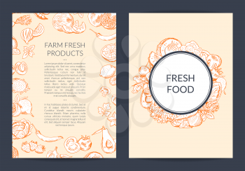 Vector doodle handdrawn fruits and vegetables vegan, healthy food card, brochure, flyer template, banner poster illustration