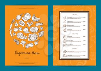 Vector handdrawn fruits and vegetables vegan menu template with frame. Card and banner illustration