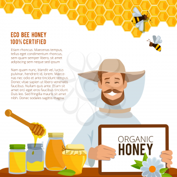 Illustrations at beekeeping theme. Poster vector template. Honey tasty and sweet, health food poster