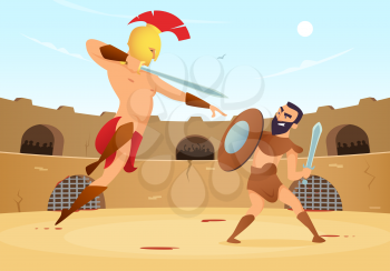 Spartan warriors fighting in gladiators arena. Vector gladiator with shield and roman man on arena illustration