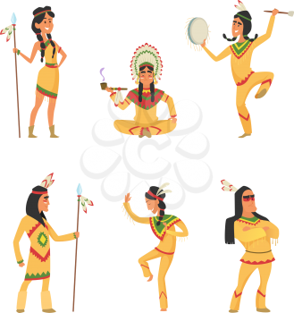 Native american indians. Cartoon characters set in vector style. Illustration of indian traditional with feather and ethnic costume