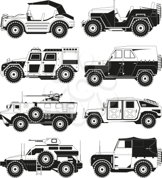 Monochrome pictures of military vehicles. Illustrations of army. Vector vehicle military, transport for defense