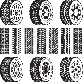 Racing wheels and their protector shapes. Car race rubber black pattern outline. Vector illustration