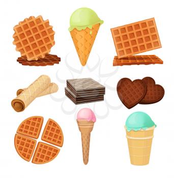 Waffels desserts. Set of vector pictures isolate. Dessert waffle food with cream chocolate, sweet cookie illustration