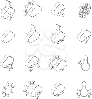 Linear illustrations of weather symbols. Isometric icons set isolate on white. Web cloud icons, forecast weather vector