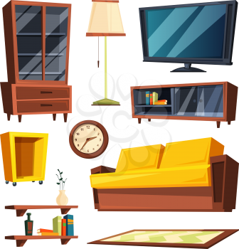 Living room furniture items. Vector illustrations in cartoon style. Sofa and table, comfortable and cozy seat