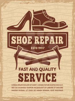 Poster with illustrations of shoe repair workshop. Vector repair shoe, footwear shoemaker banner illustration