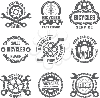 Labels template design with gears, chains and other parts of bicycle. Vector bicycle gear emblem illustration