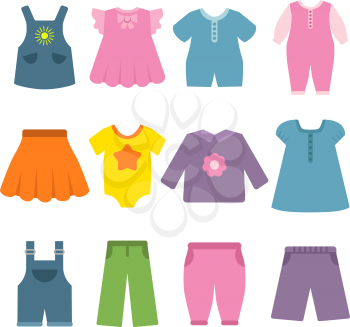 Pants, dresses and other different clothes for kids and babies. Vector clothing fashion for child, garment and apparel boy and girl illustration