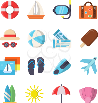 Flat style pictures of summer travel symbols. Tourism and trip, vacation and voyage. Vector illustration