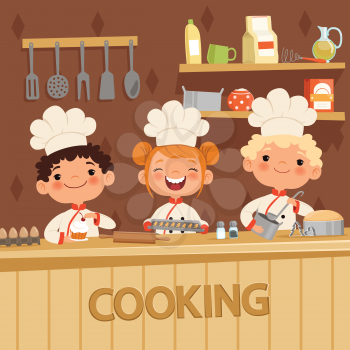 Background illustrations of kids preparing food on the kitchen. Vector confectioner and baker, child in apron