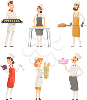 Various cartoon characters bakers at work. Character baker with food in uniform, vector illlustration
