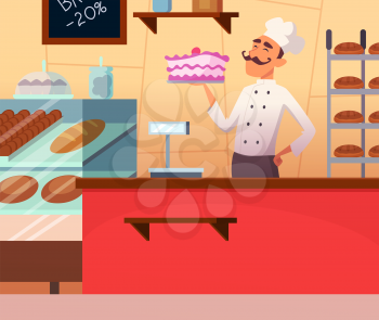 Background illustration of baker male at work. Confectioner man character, work chef baker vector