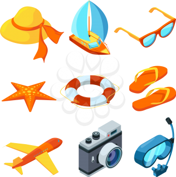 Summer time isometric. Travelling vector symbols. Illustration of camera and yacht, sunglasses and mask