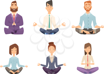 Businessman yoga. Man and woman relaxing meditation at workspace table vector concept cartoon illustration. Pose yoga, relax and meditation