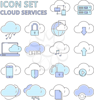 Cloud data icons. Global connection internet online secure technology web safety digital platform system vector symbols isolated. Cloud information on shield, server cyber online illustration