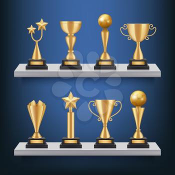 Awards shelves. Trophies medals and cups on bookshelf vector realistic concept of sport competition winners. Trophy cup for winner, success prize illustration
