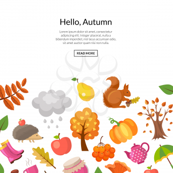 Vector cartoon autumn elements and leaves background with place for text illustration. Web banner and poster