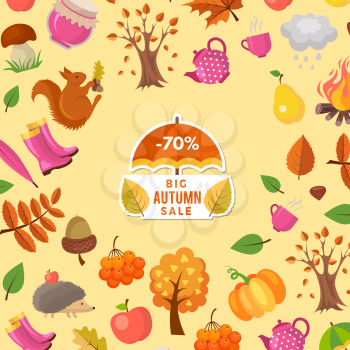 Vector cartoon autumn elements and leaves sale background with place for text illustration. Colored card ot web banner