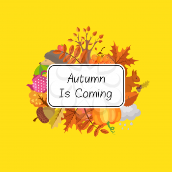 Vector cartoon autumn elements and leaves under rectangle with place for text illustration