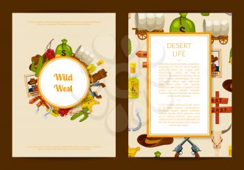 Vector cartoon wild west elements card or flyer template illustration isolated