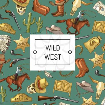 Vector hand drawn wild west cowboy elements background colored pattern with place for text illustration