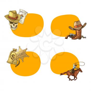 Vector hand drawn wild west cowboy elements stickers with place for text set illustration