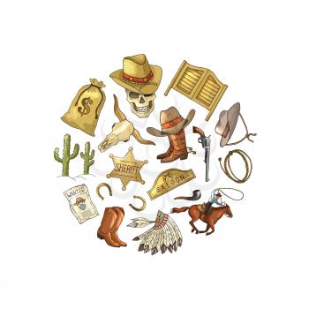 Vector hand drawn wild west cowboy elements in circle shape isolated on white background illustration