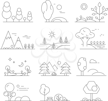 Landscape outline. Mono line symbols of trees and outdoor parks. Sketch nature tree and valley. Vector illustration