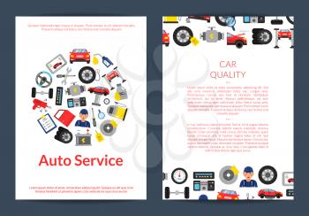 Vector card, flyer or brochure template for auto service or courses with flat style car service elements illustration