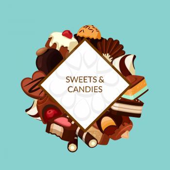 Vector cartoon chocolate candies under romb with place for text illustration