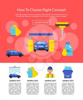 Vector landing page or poster illustration with car wash flat icons