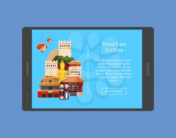 Travel in china banner on tablet. Vacation tour vector illustration