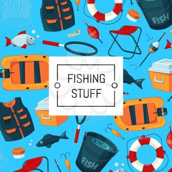 Vector background with place for text with cartoon fishing equipment illustration