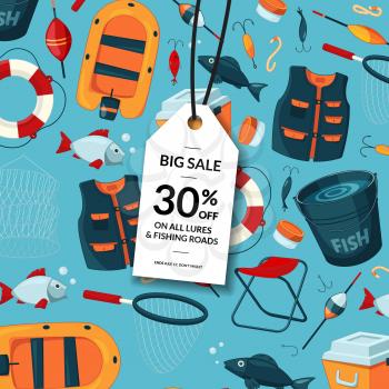 Vector sale background with hanging tag and place for text with cartoon fishing equipment illustration
