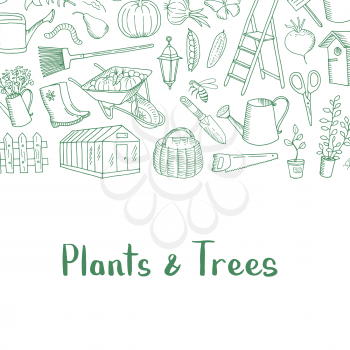 Vector banner and poster gardening doodle line icons background with place for text illustration