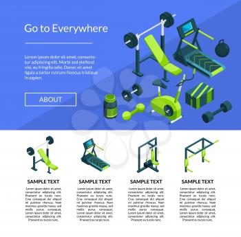 Vector isometric gym objects web site landing page template illustration