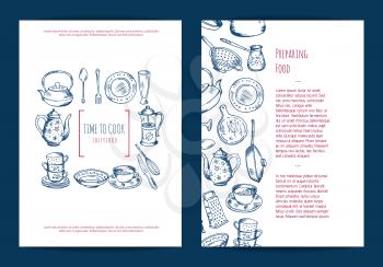 Vector card, flyer or brochure template for kitchen accessories shop or cooking classes with hand drawn kitchen utensils illustration