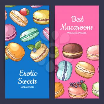 Vector set of flyer templates with place for text and colored hand drawn macaroons illustration