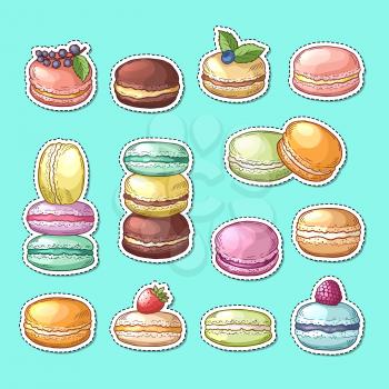Vector stickers set with colored hand drawn sweet macaroons isolated illustration