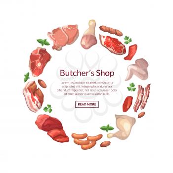 Vector cartoon meat elements in circle form with place for text in center round illustration