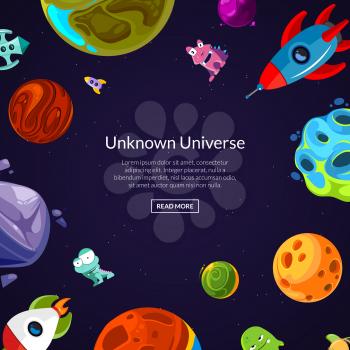 Banner and poster vector background with place for text with cartoon space planets and ships illustration